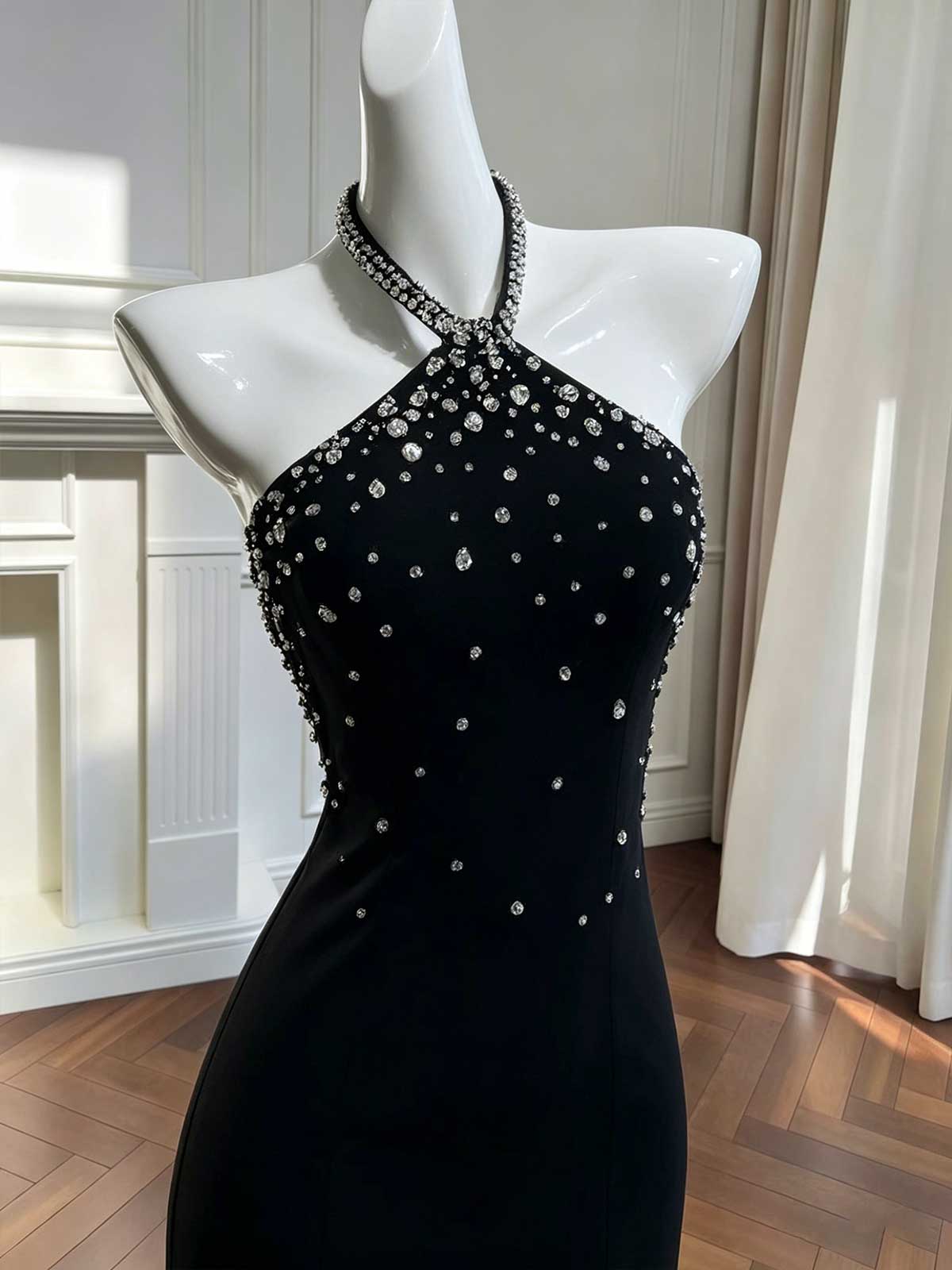 Black Halter Crystal-Embellished Mermaid Evening Gown