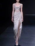Scoop Neck Sheer Corset High Slit Sequin Mermaid Evening Gown