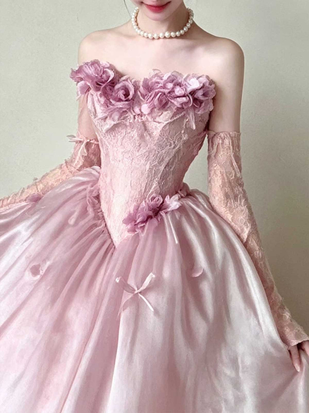 Blush Pink Strapless Satin Ball Gown with 3D Floral Appliqués