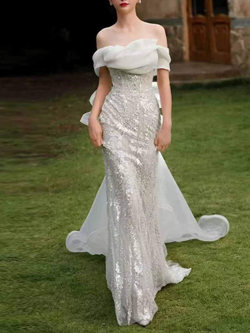 Off Shoulder Fold Tulle Sequin Mermaid Chapel Train Wedding Dress