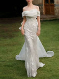 Off Shoulder Fold Tulle Sequin Mermaid Chapel Train Wedding Dress