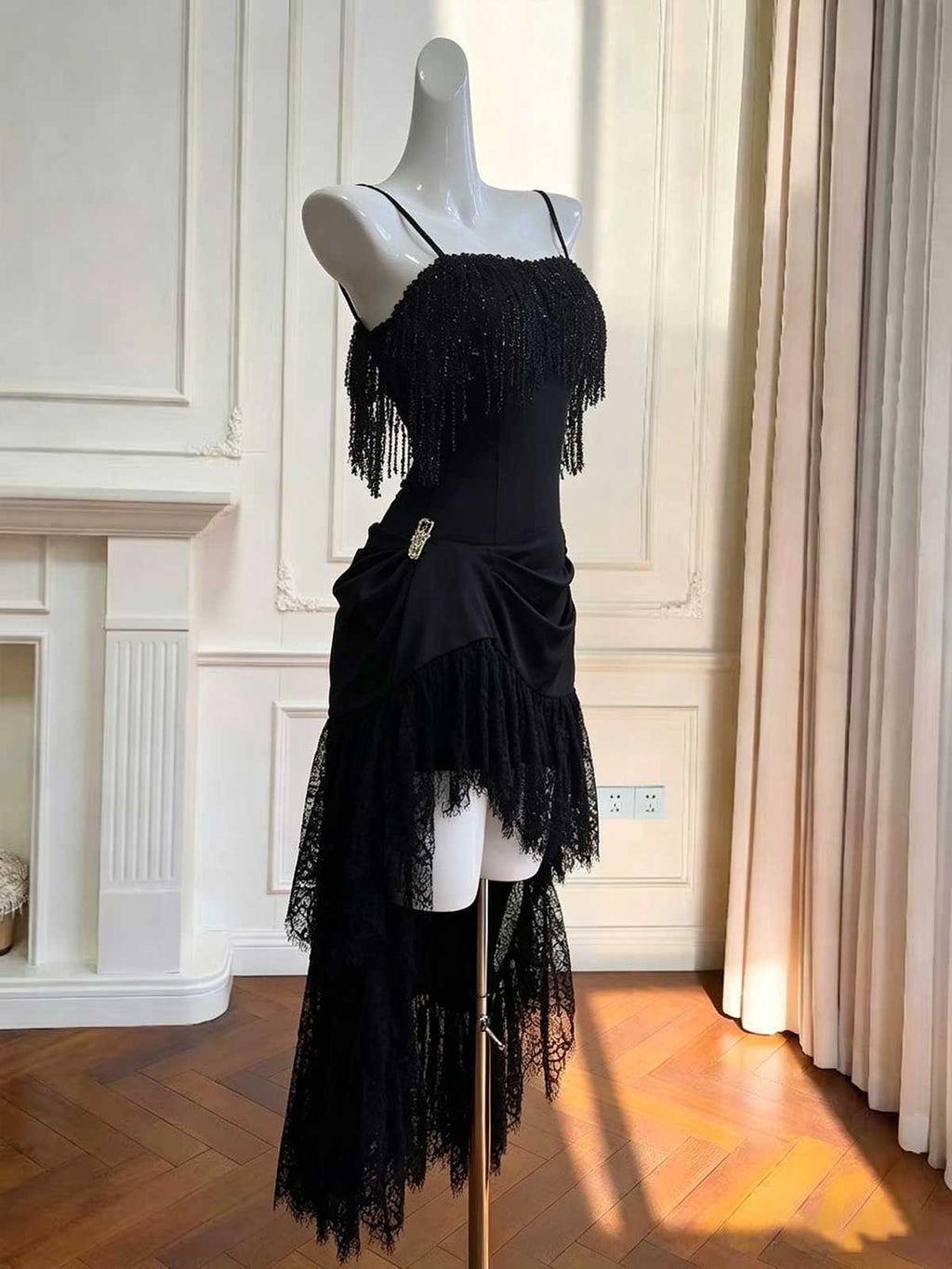 Black Spaghetti Strap Evening Dress with Fringe & Lace High-Low Skirt