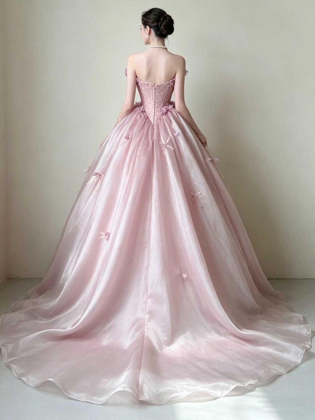 Blush Pink Strapless Satin Ball Gown with 3D Floral Appliqués