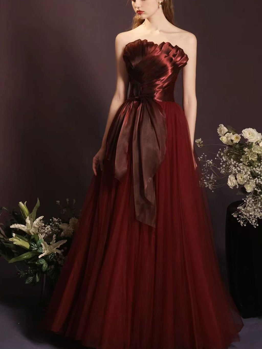 Strapless Burgundy Satin Bow Tulle A-Line Evening Ball Gown
