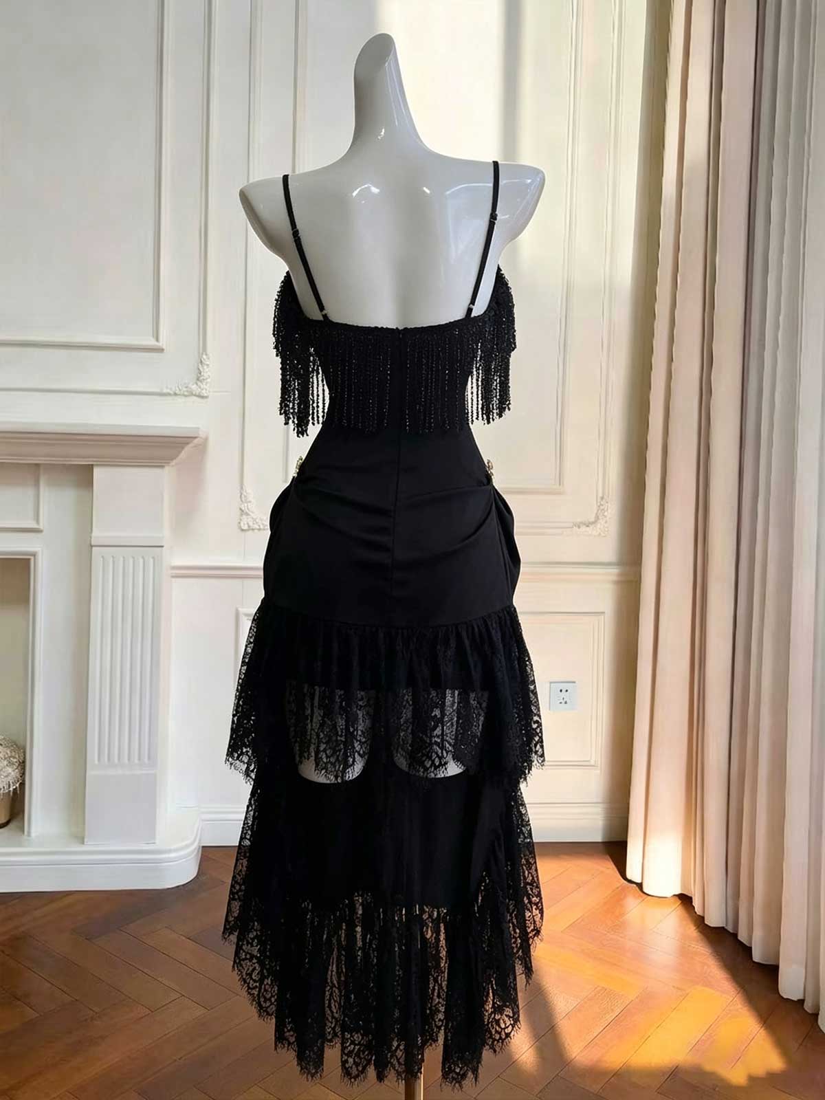 Black Spaghetti Strap Evening Dress with Fringe & Lace High-Low Skirt