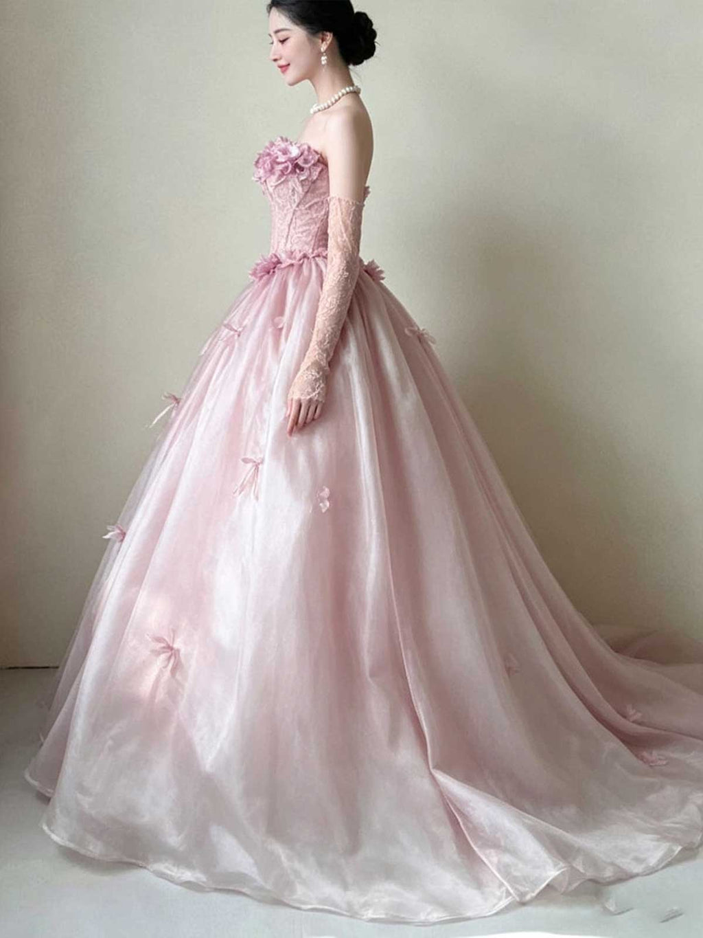 Blush Pink Strapless Satin Ball Gown with 3D Floral Appliqués