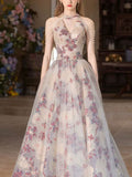 Halter Chain Fringe Floral Print Tulle A-Line Evening Ball Gown