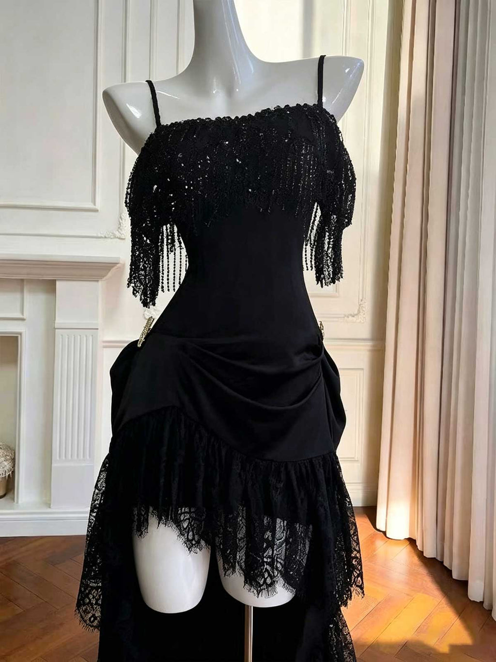 Black Spaghetti Strap Evening Dress with Fringe & Lace High-Low Skirt