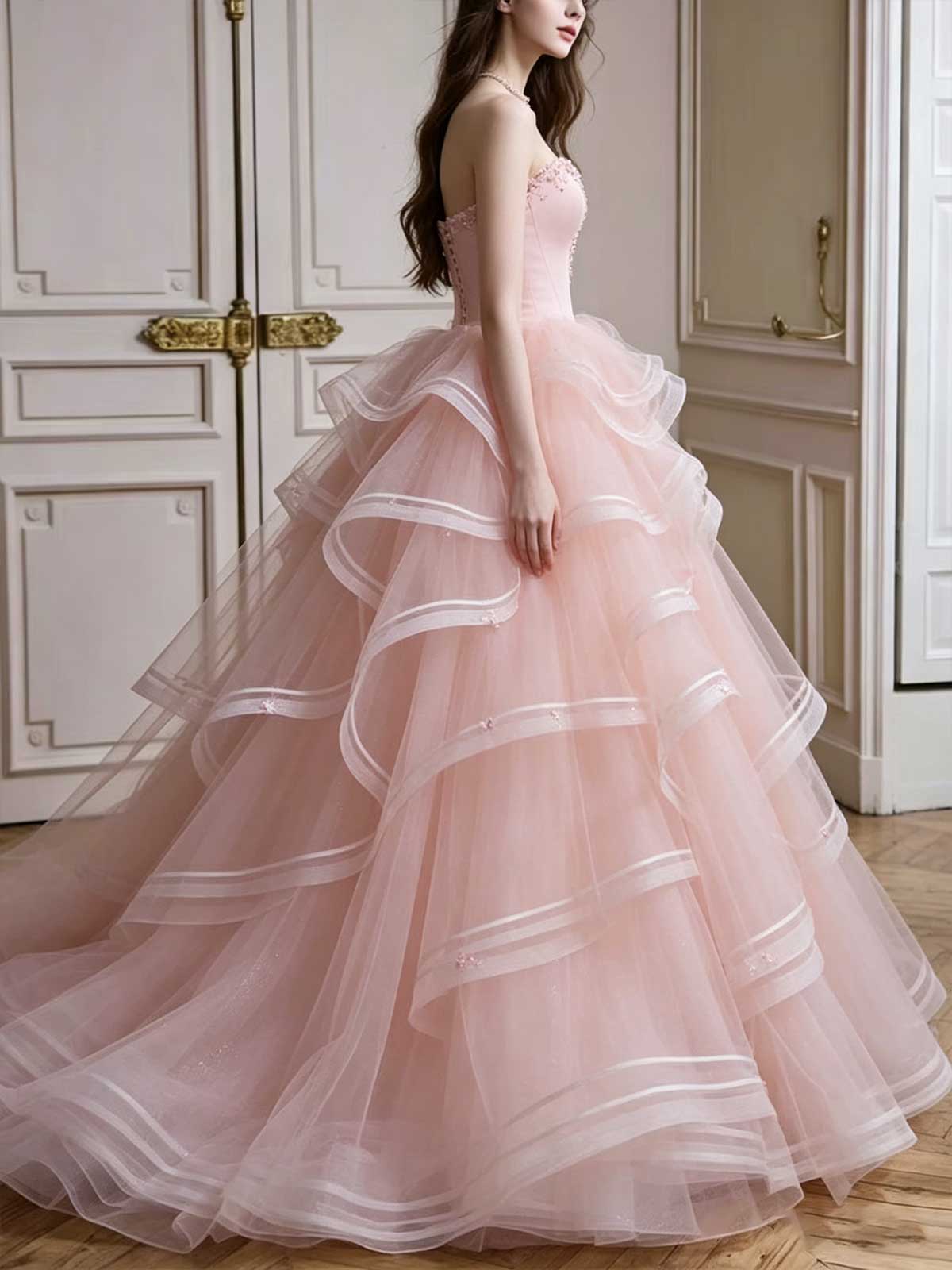 Blush Pink Strapless Tiered Tulle Ball Gown with Ruffled Layers