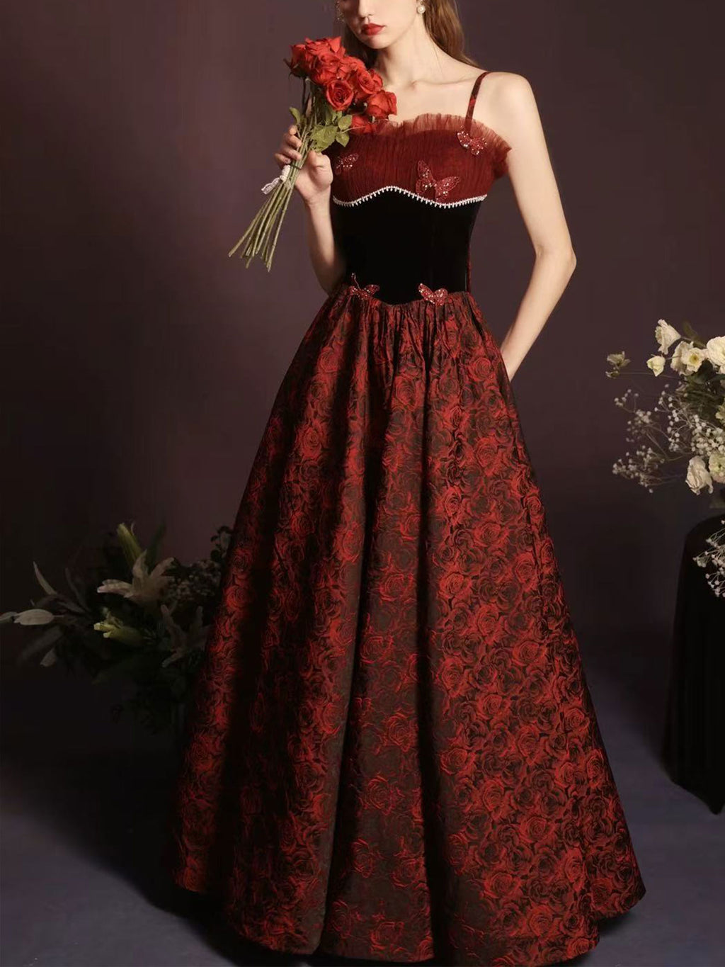 Spaghetti Strap Burgundy Velvet Butterfly Jacquard A-Line Evening Gown