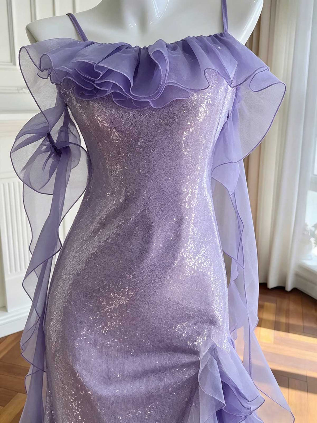 Lavender Spaghetti Strap Sequin Evening Gown with Ruffled Tulle