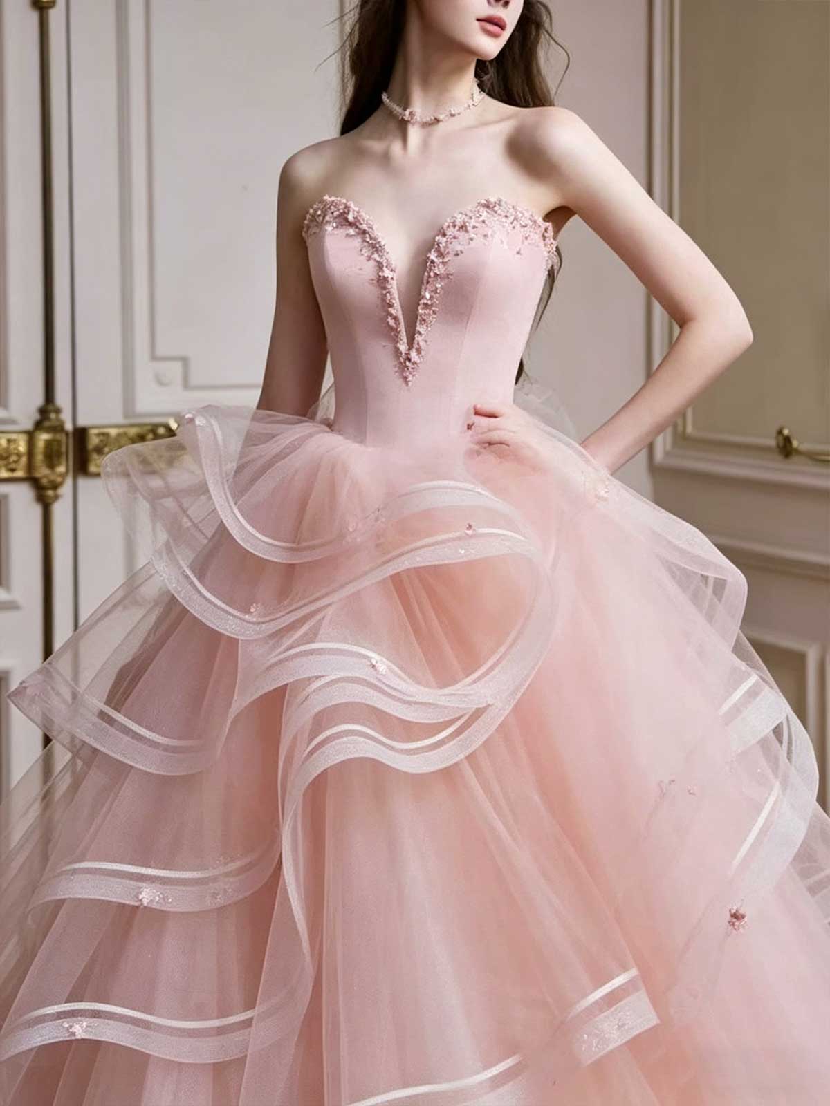 Blush Pink Strapless Tiered Tulle Ball Gown with Ruffled Layers