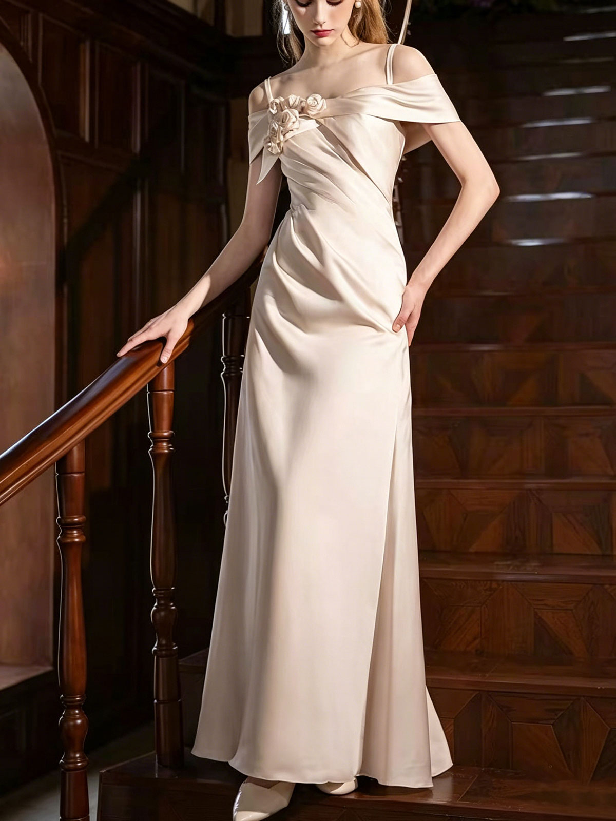 Off Shoulder 3D Floral Draped Satin High Slit Mermaid Evening Gown
