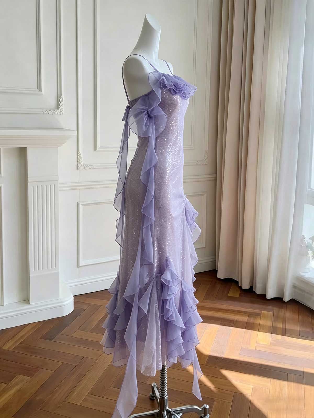 Lavender Spaghetti Strap Sequin Evening Gown with Ruffled Tulle