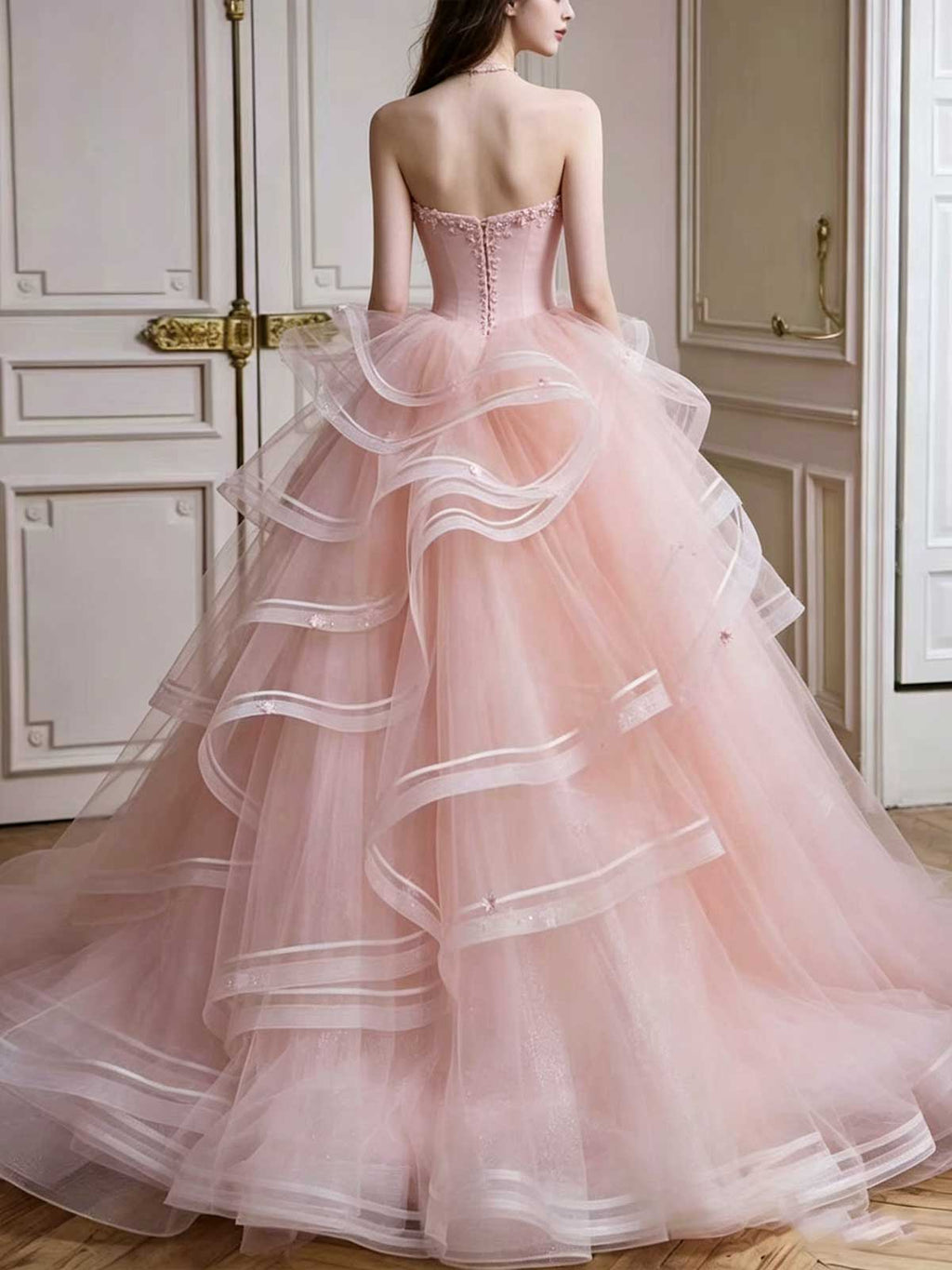 Blush Pink Strapless Tiered Tulle Ball Gown with Ruffled Layers