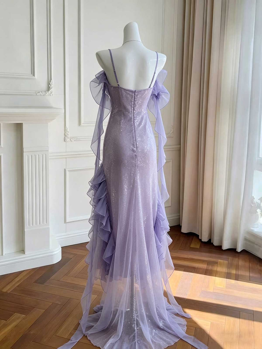Lavender Spaghetti Strap Sequin Evening Gown with Ruffled Tulle