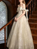 Strapless Champagne Bow Glitter Tulle A-Line Ball Evening Gown