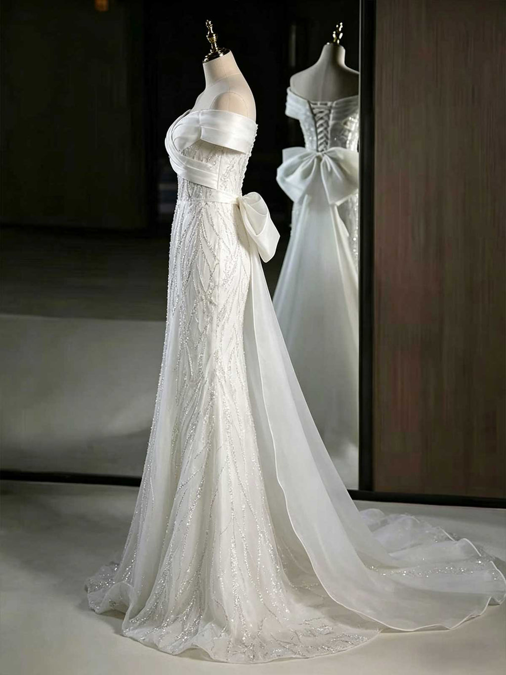 White Off-the-Shoulder Lace Mermaid Wedding Dress with Oversized Bow
