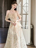 Off Shoulder Nude Floral Embroidery Tulle A-Line Evening Gown