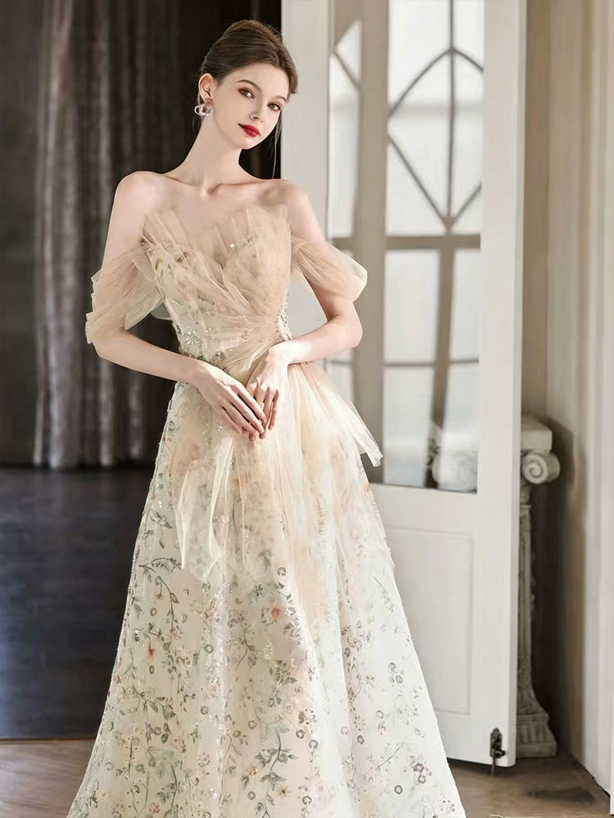 Off Shoulder Nude Floral Embroidery Tulle A-Line Evening Gown