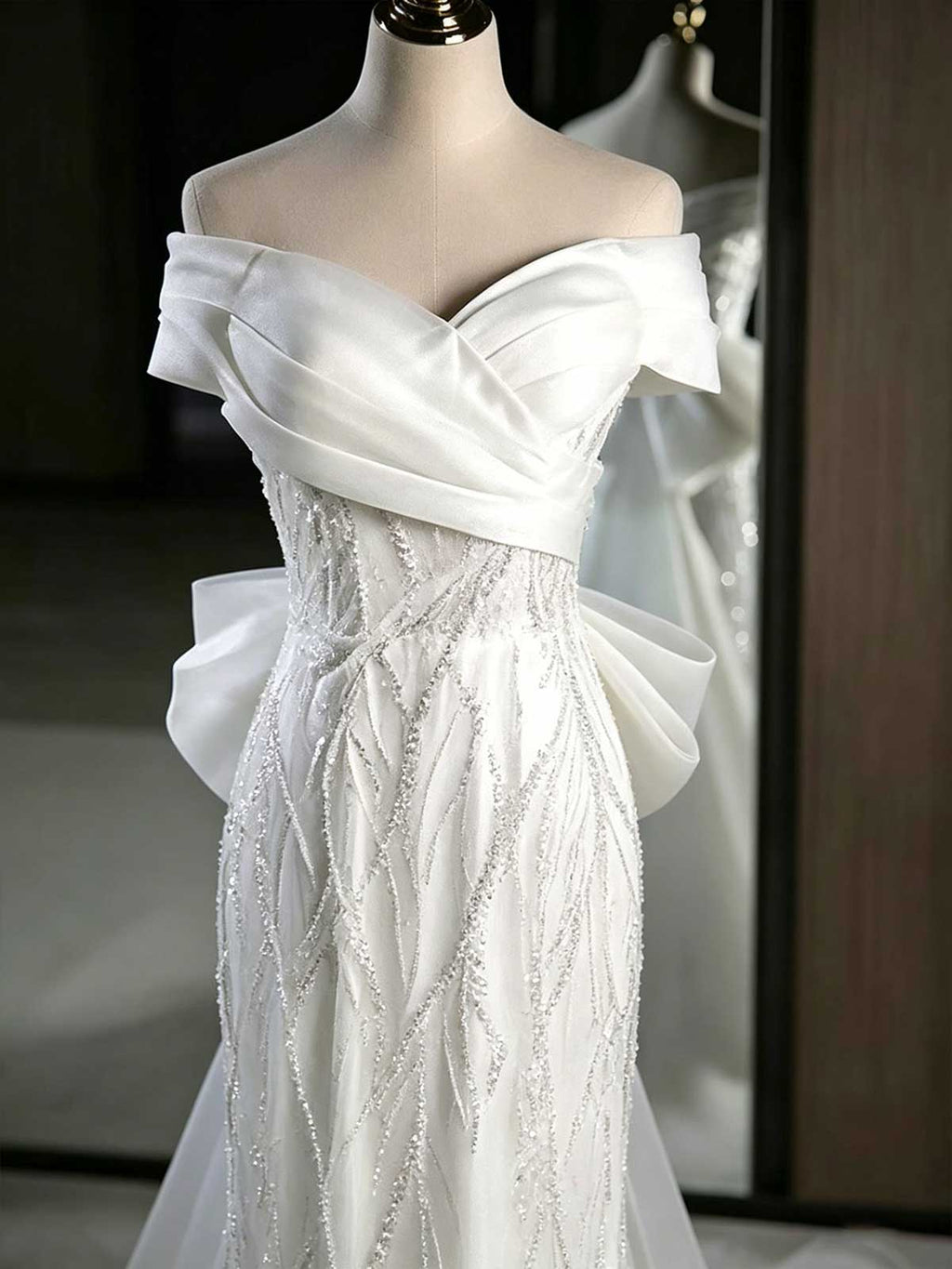 White Off-the-Shoulder Lace Mermaid Wedding Dress with Oversized Bow