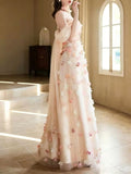 Strapless Puff Sleeve Pink 3D Floral Tulle Train Evening Gown