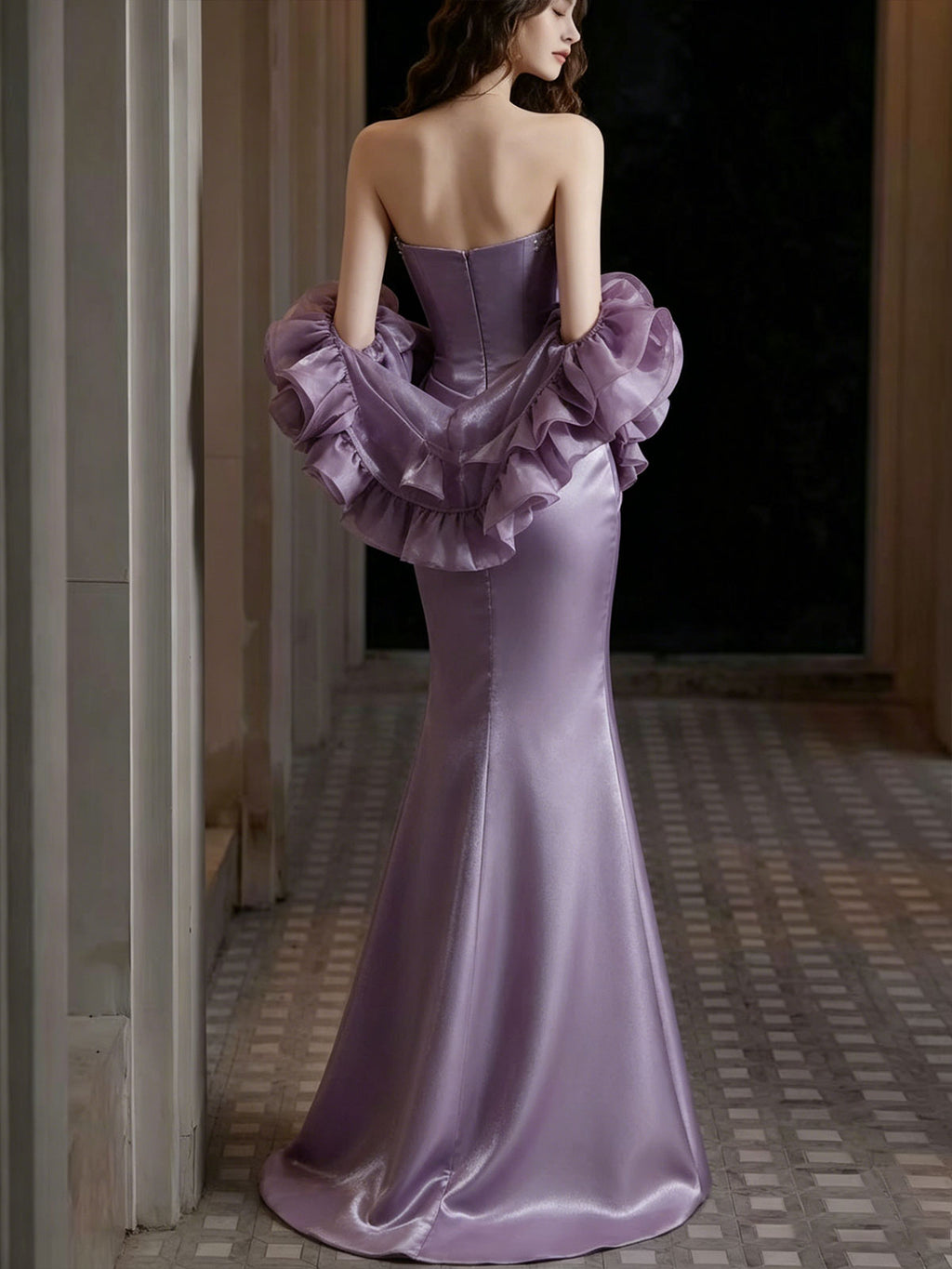 Lavender Strapless Rhinestone Trim Satin Mermaid Formal Gown with Detachable Rose Organza Wrap