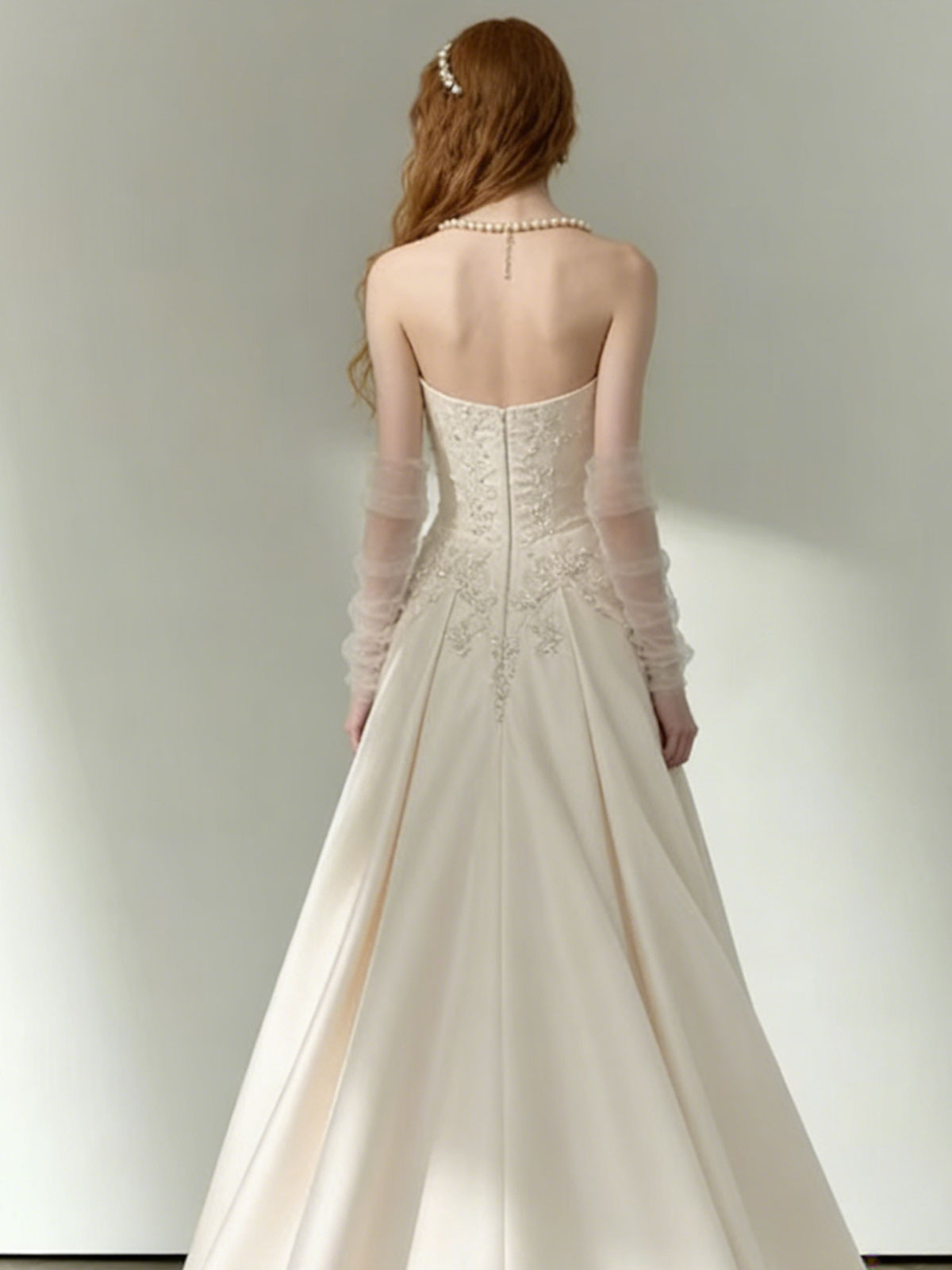 Ivory Bow Strapless Satin A-Line Wedding Dress with Tulle Sleeves