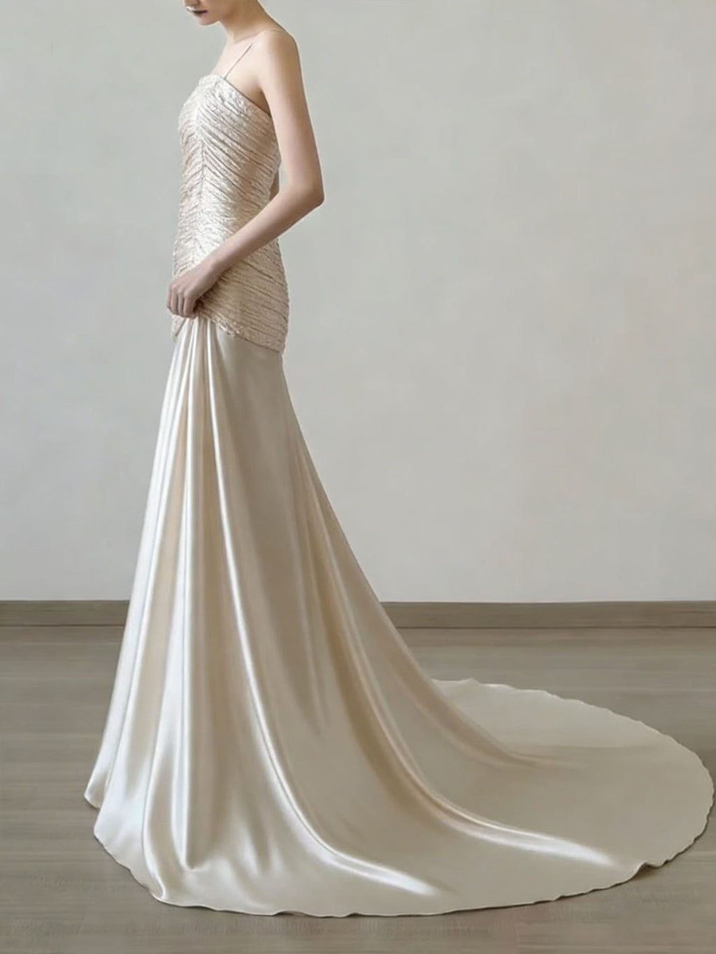 Champagne Satin Mermaid Evening Gown with Ruched Bodice
