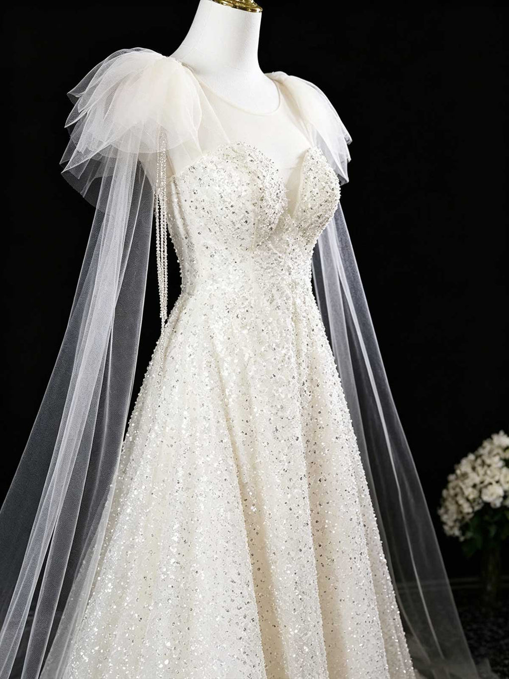 Champagne Sequin Tulle Evening Gown with Sheer Cape Sleeves