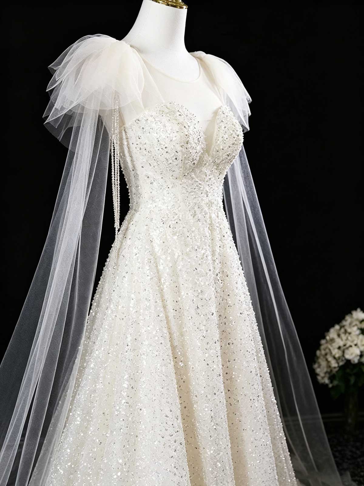 Champagne Sequin Tulle Evening Gown with Sheer Cape Sleeves