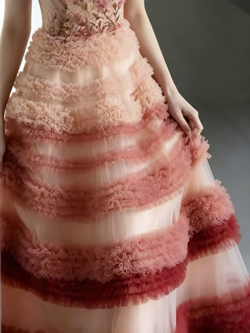 Ombre Red to Blush Strapless Tiered Tulle Ball Gown with Floral Embroidery
