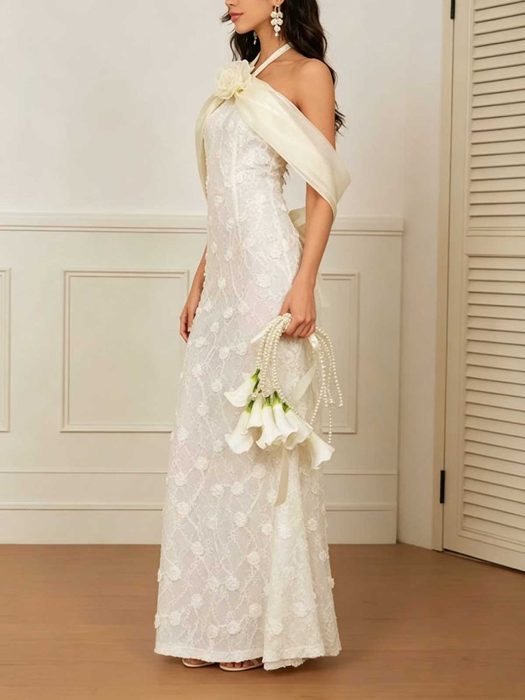 Ivory Floral Lace Halter Mermaid Formal Gown with Satin Bow Detail Wedding Dress