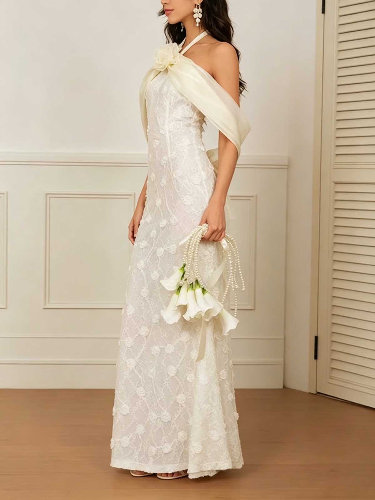 Ivory Floral Lace Halter Mermaid Formal Gown with Satin Bow Detail Wedding Dress