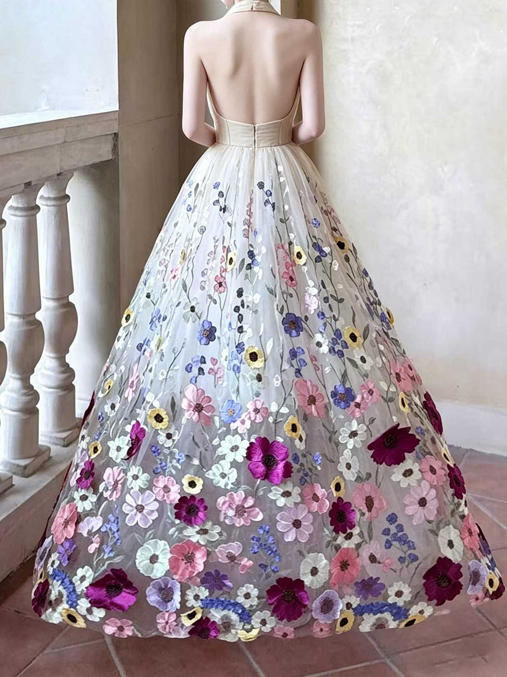 Multicolor Floral Embroidered Halter Neck A-Line Prom Gown