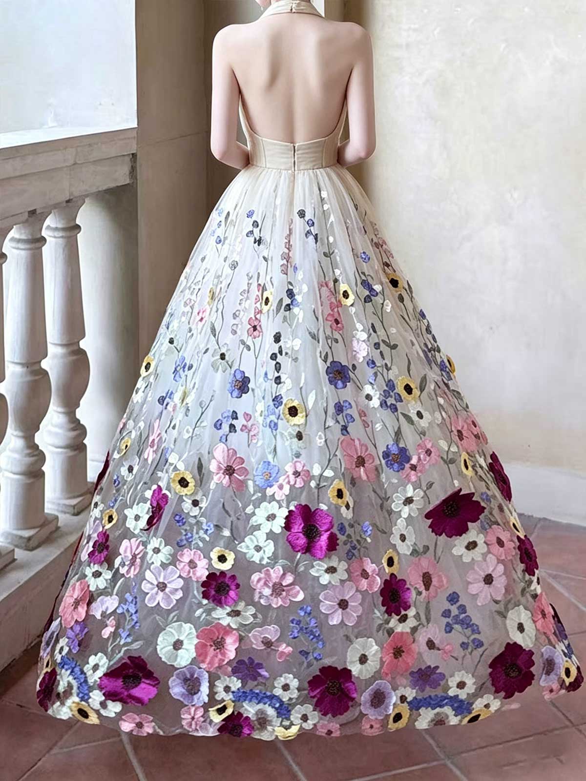 Multicolor Floral Embroidered Halter Neck A-Line Prom Gown