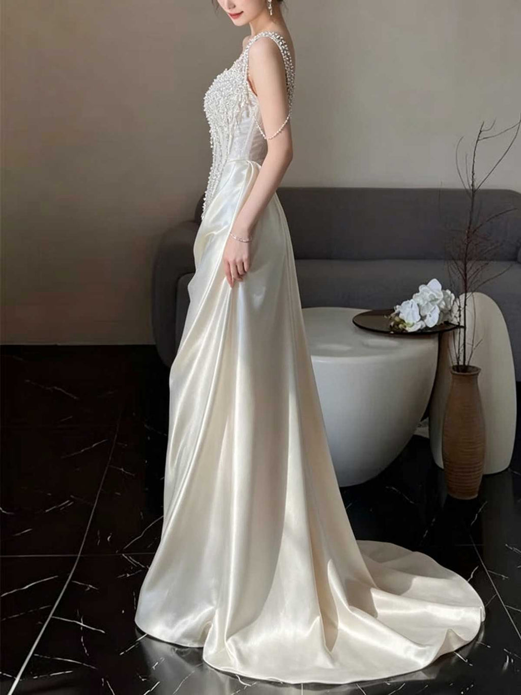 Ivory Satin One-Shoulder Beaded Fringe Mermaid Evening Gown