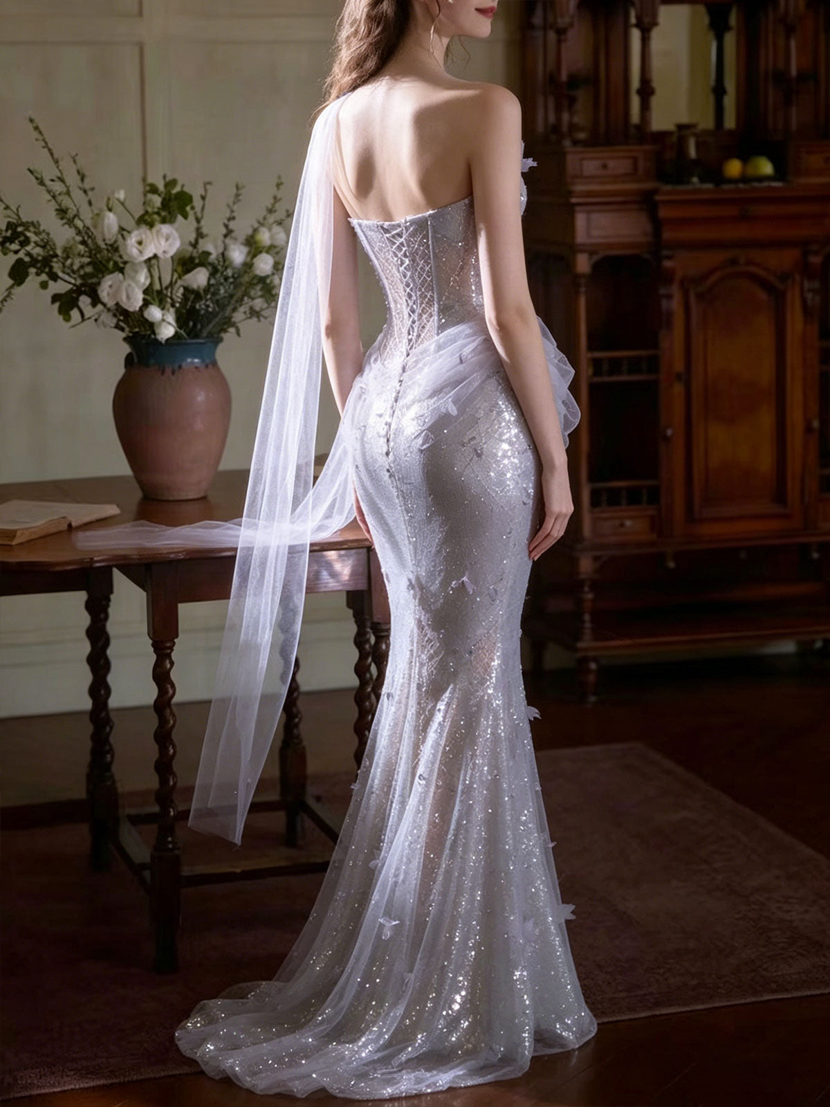 One Strap Lavender Butterfly Sequin Mermaid Train Evening Gown