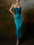 Teal Strapless Corset Satin Mermaid Evening Dress