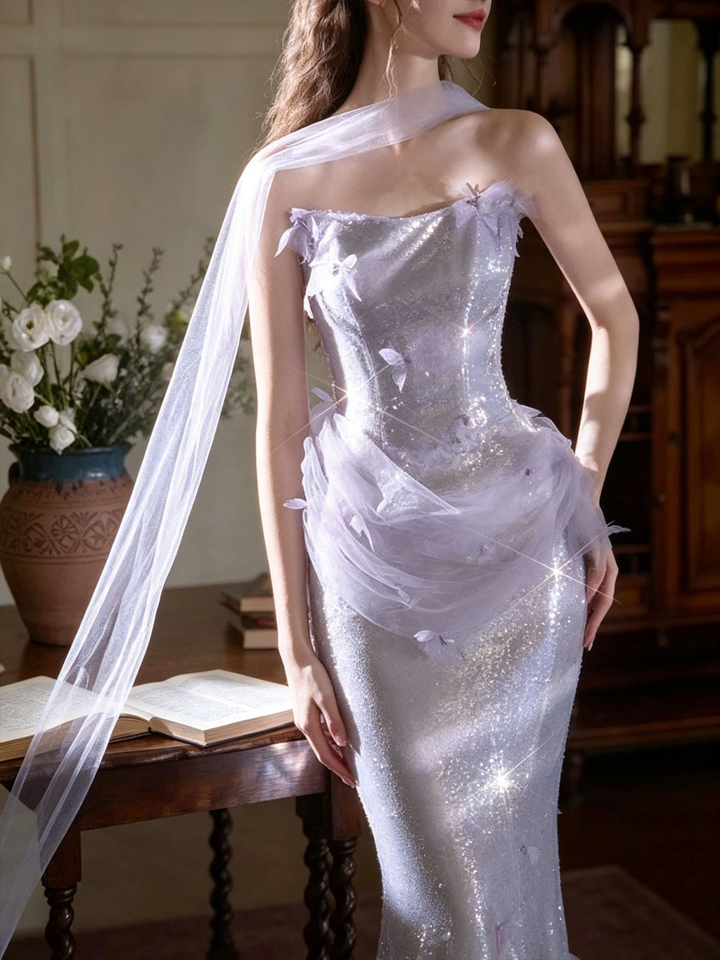 One Strap Lavender Butterfly Sequin Mermaid Train Evening Gown