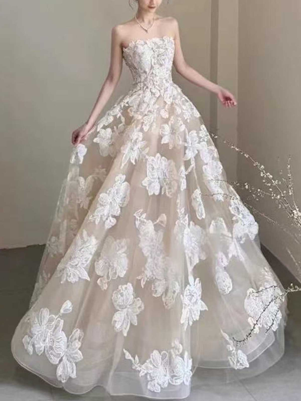 Nude Strapless Lace Ball Gown with 3D Floral Appliqués