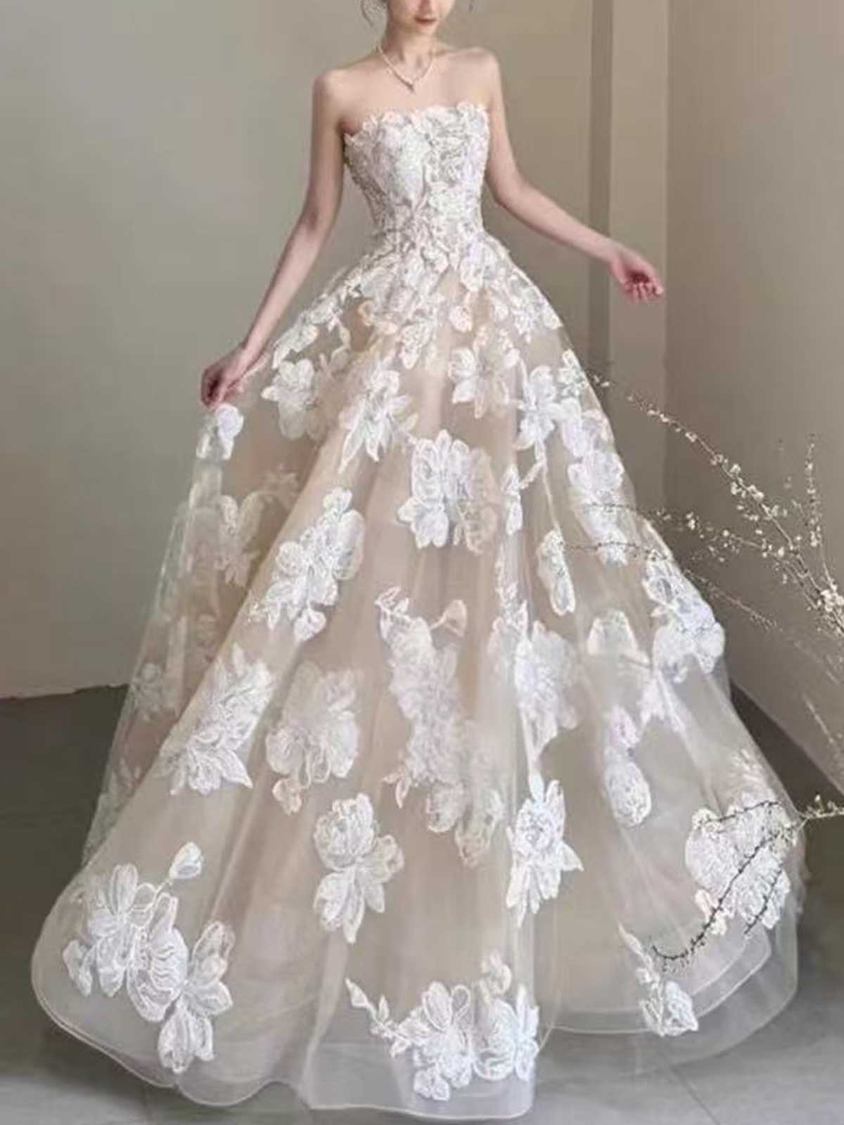 Nude Strapless Lace Ball Gown with 3D Floral Appliqués