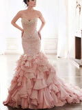 Blush Pink Strapless Beaded Mermaid Wedding Dress with Ruffled Tulle Skirt