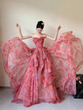 Pink Strapless Watercolor Print Tulle Ball Gown