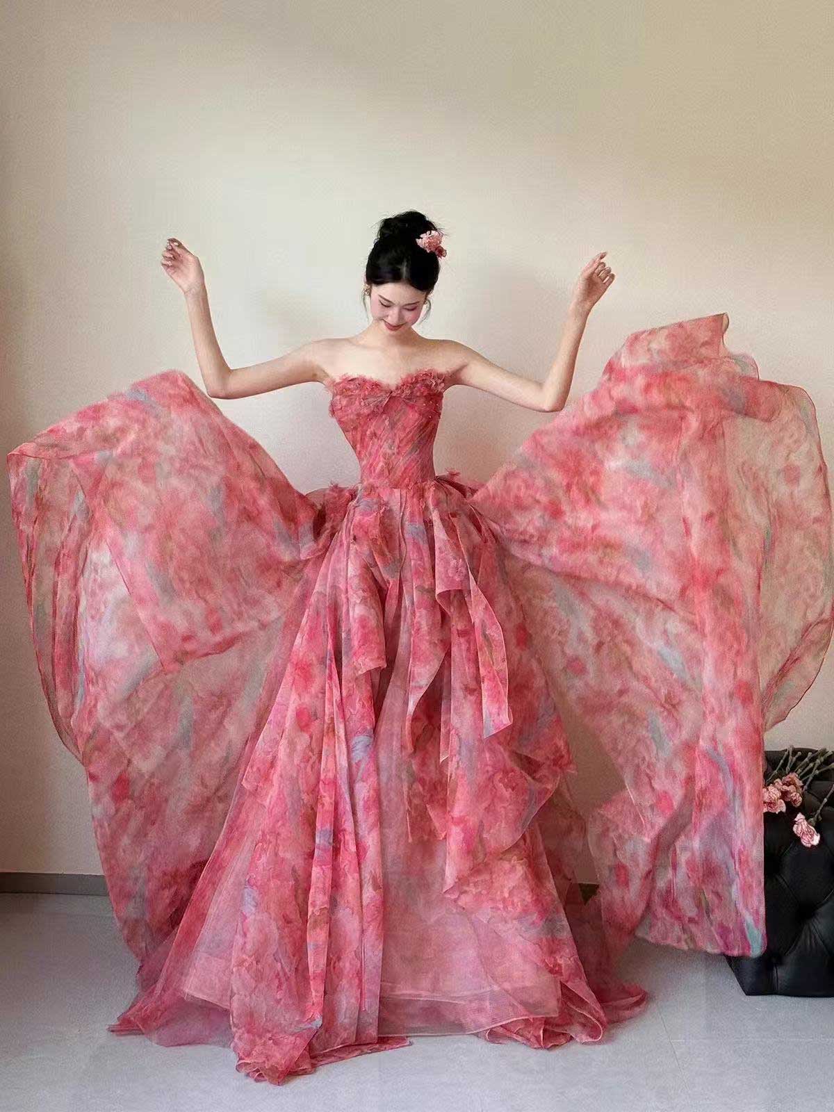 Pink Strapless Watercolor Print Tulle Ball Gown