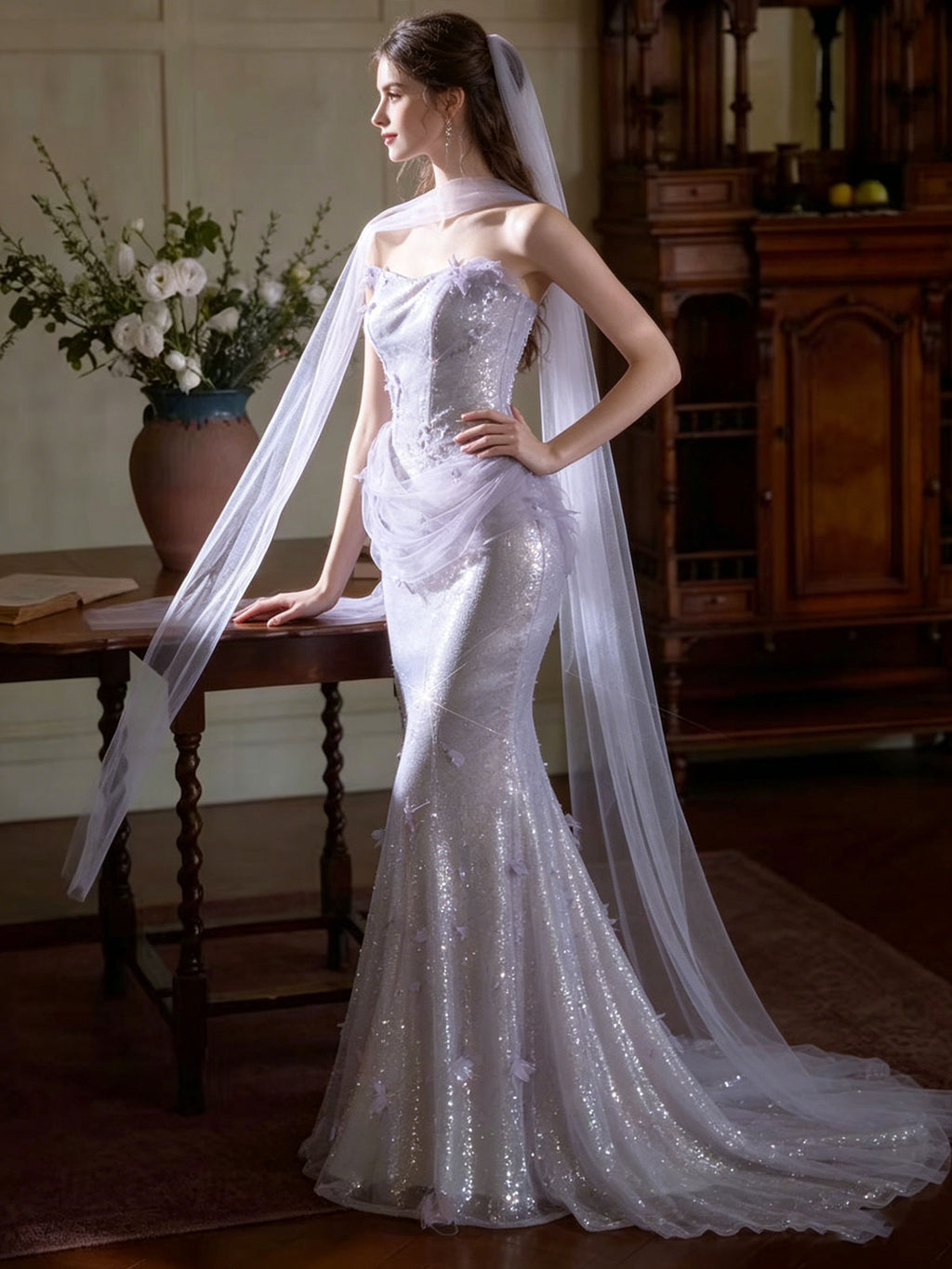 One Strap Lavender Butterfly Sequin Mermaid Train Evening Gown