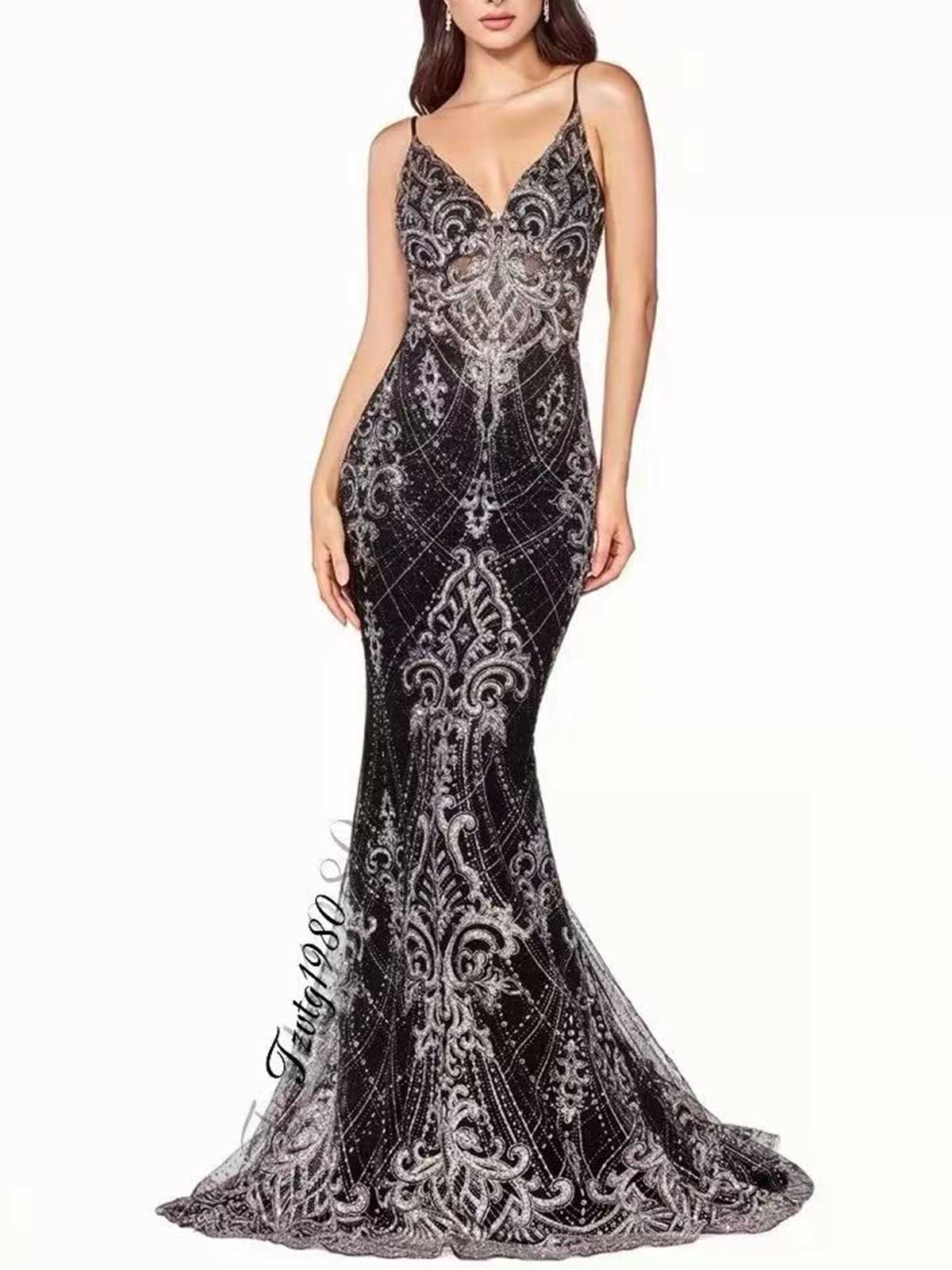 Black Silver Beaded Mermaid Evening Gown