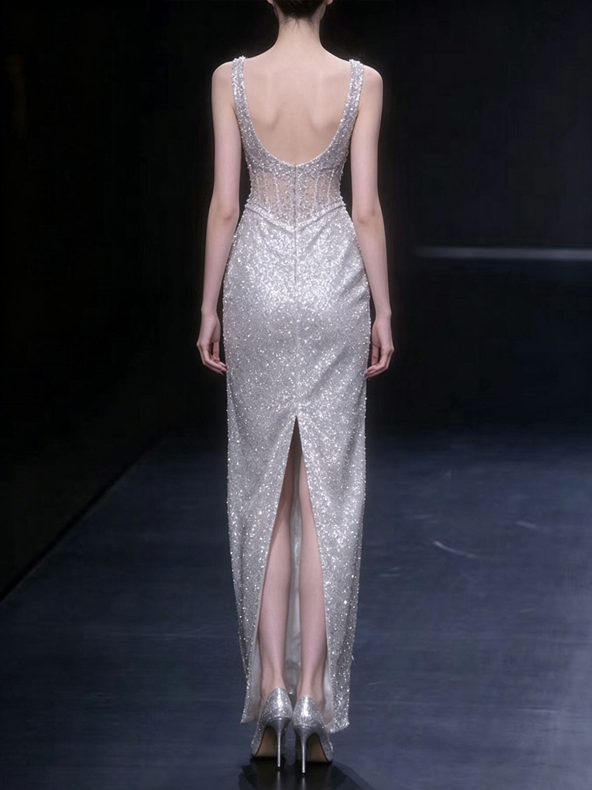 Scoop Neck Sheer Corset High Slit Sequin Mermaid Evening Gown