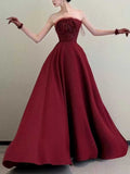 Burgundy Strapless Satin Ball Gown with 3D Rose Bodice
