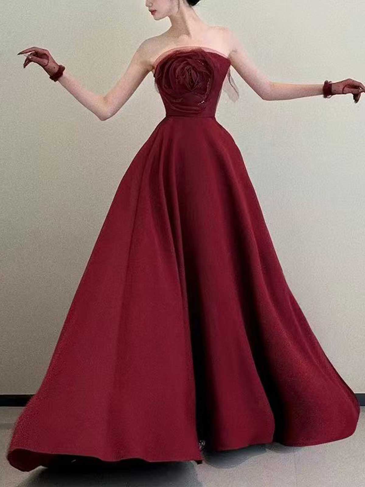 Burgundy Strapless Satin Ball Gown with 3D Rose Bodice